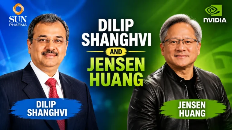 Promotional banner featuring Dilip Shanghvi of Sun Pharma on the left and Jensen Huang of NVIDIA on the right, with bold white and green typography against a blue and green gradient background.