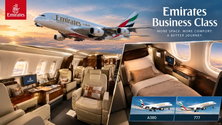 Luxurious airline business class lie-flat seat and cabin interior