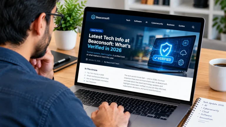 Man browsing the Beaconsoft technology website on a laptop, displaying a 2026 tech information article about verified technology updates, AI, cybersecurity, software, and digital innovation at a modern desk with a coffee cup and notebook.