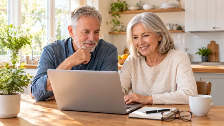 Older couple reviewing retirement savings on a laptop at a kitchen table