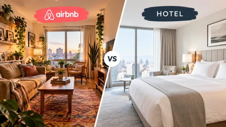 Split image comparing a cozy Airbnb living room with a modern hotel room