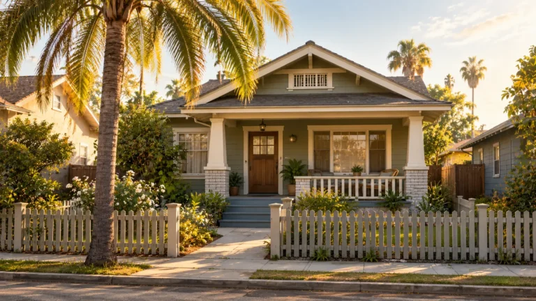 Small vintage California bungalow with a front porch and palm trees in Los Angeles