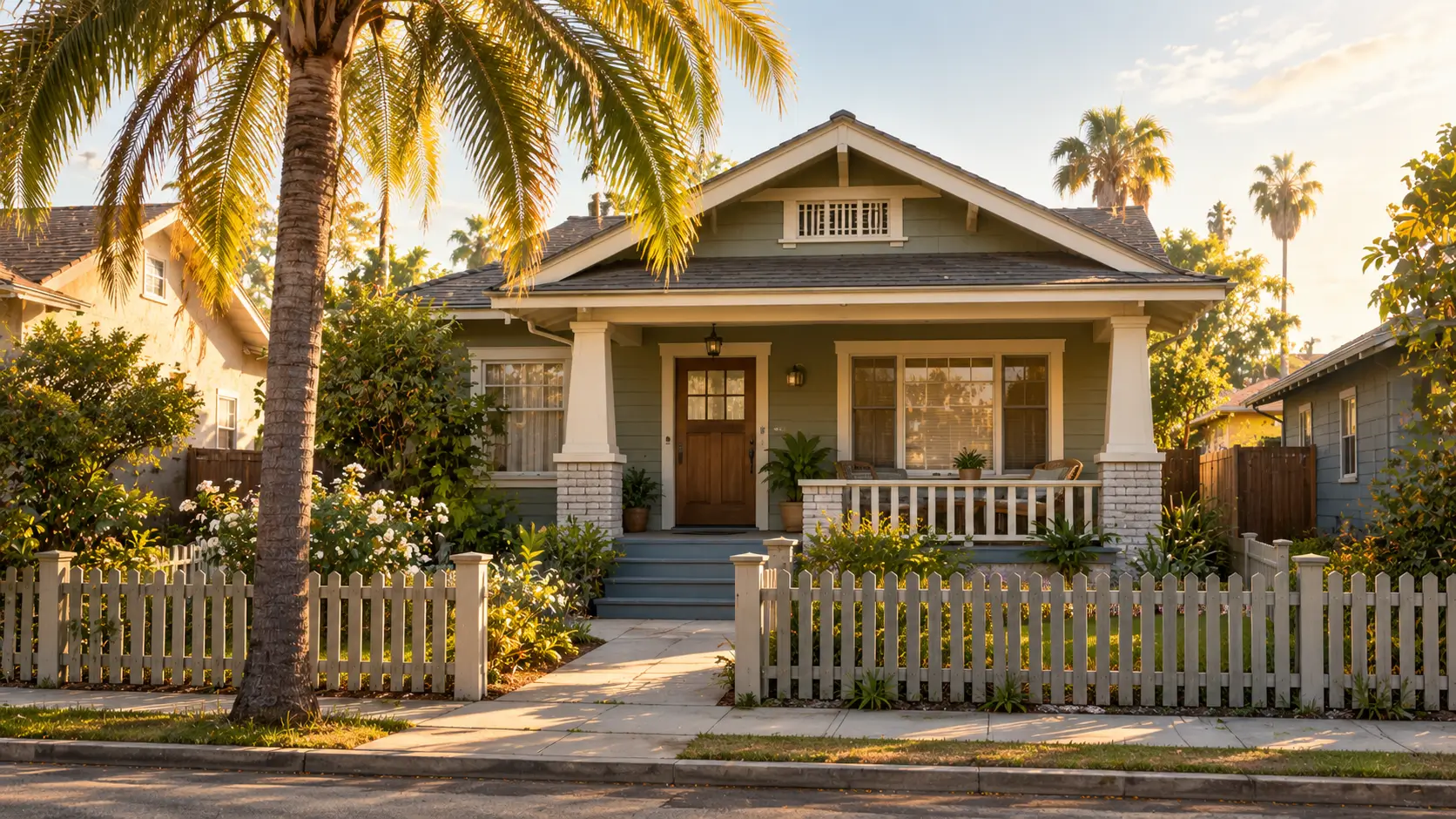 Small vintage California bungalow with a front porch and palm trees in Los Angeles