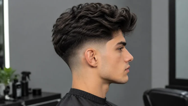 Side profile of a man with a blowout taper fade showing voluminous textured top and a clean faded sides