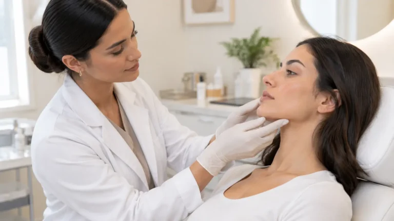 Aesthetic practitioner assessing a patient's chin profile during a chin filler consultation