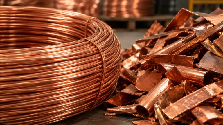 Coiled bare copper wire and scrap copper pieces representing market pricing