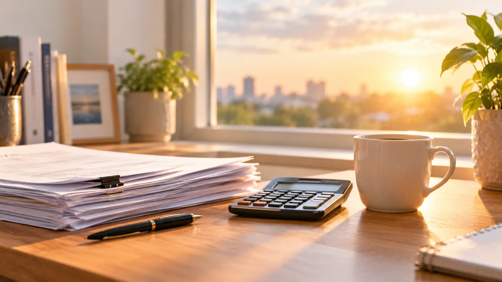 Tax papers and a calculator on a desk in morning light representing a fresh start with tax debt