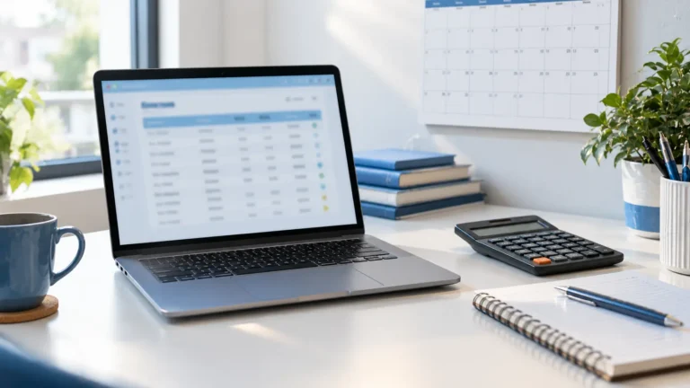 Laptop, calendar and calculator on a desk representing an IRS payment plan