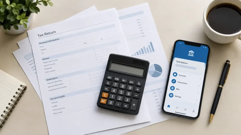 Tax forms, calculator, and banking app representing an IRS refund fact-check
