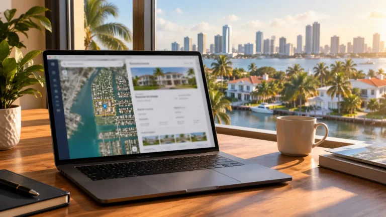 Miami skyline and residential homes with a laptop showing a property record search