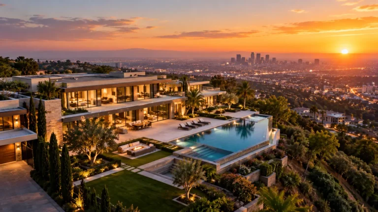 Aerial view of a luxury hillside mega-mansion with an infinity pool at sunset representing the most expensive houses in the world