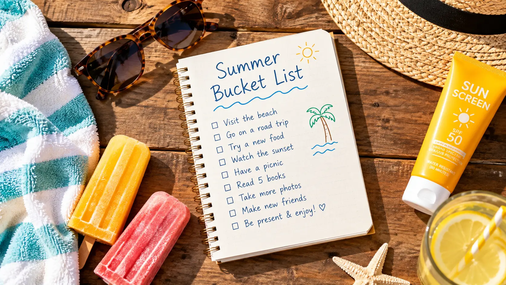 Handwritten summer bucket list notebook with sunglasses and beach items