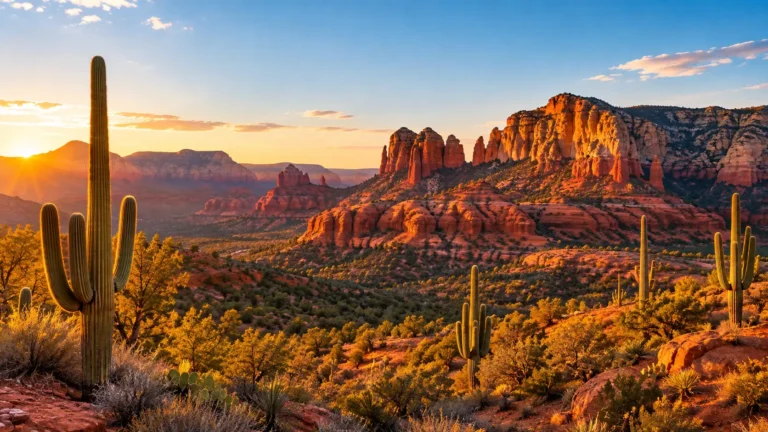 Sedona's red rock formations under a clear Arizona sky at golden hour