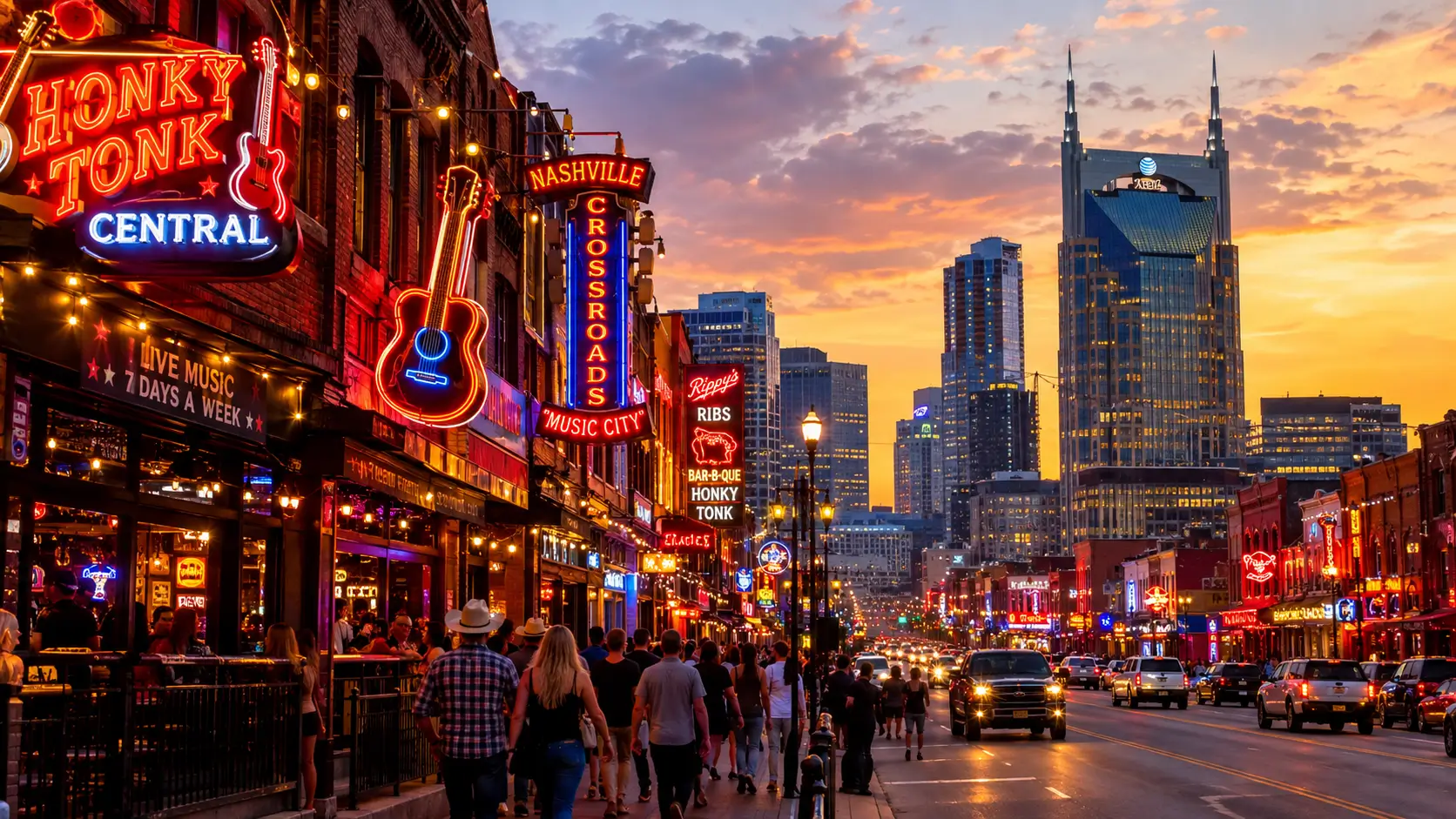 Nashville skyline and Broadway's neon honky-tonk lights at dusk