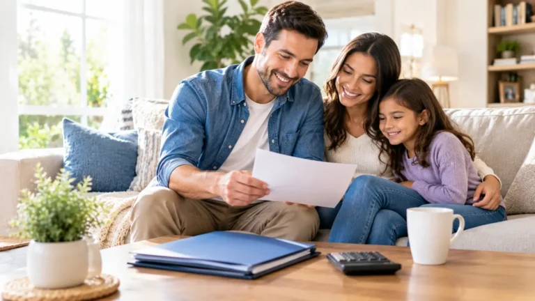 Family relaxing at home with a life insurance policy folder on the coffee table representing types of life insurance